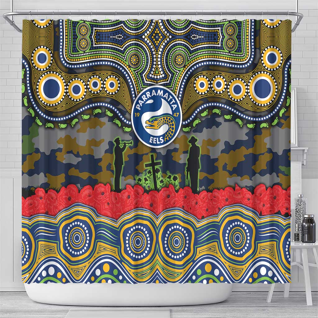 ANZAC Day Parramatta Eels Shower Curtain Military Memorial Aboriginal Indigenous Art