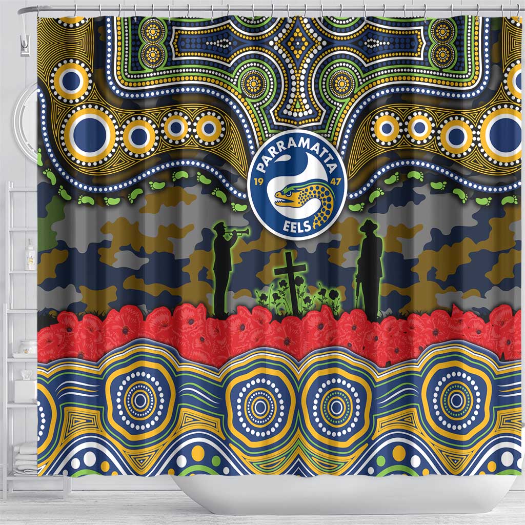 ANZAC Day Parramatta Eels Shower Curtain Military Memorial Aboriginal Indigenous Art