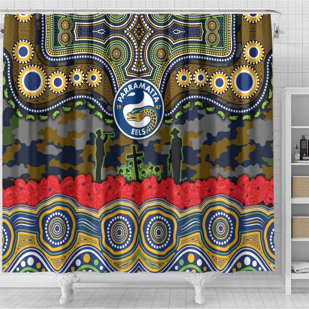 ANZAC Day Parramatta Eels Shower Curtain Military Memorial Aboriginal Indigenous Art