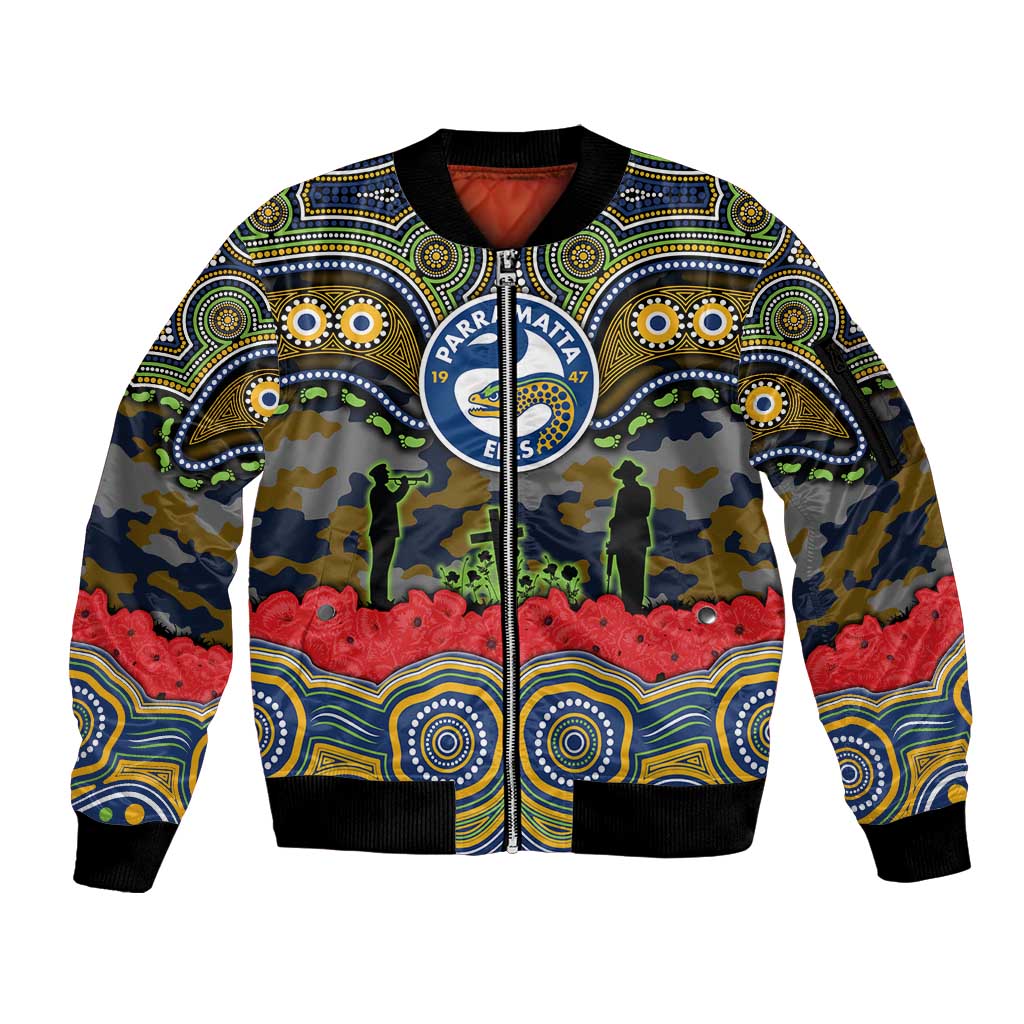 ANZAC Day Parramatta Eels Sleeve Zip Bomber Jacket Military Memorial Aboriginal Indigenous Art