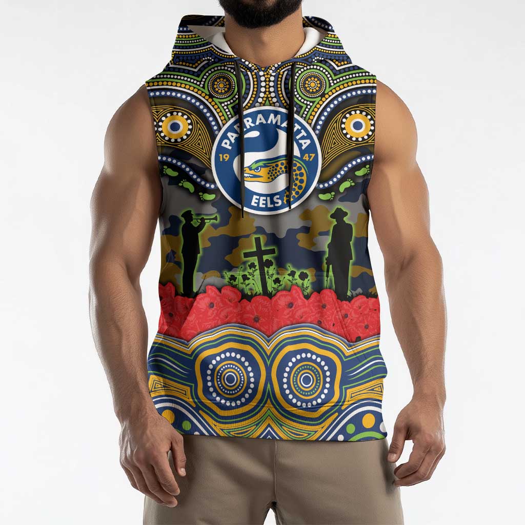 ANZAC Day Parramatta Eels Sleeveless Hoodie Military Memorial Aboriginal Indigenous Art