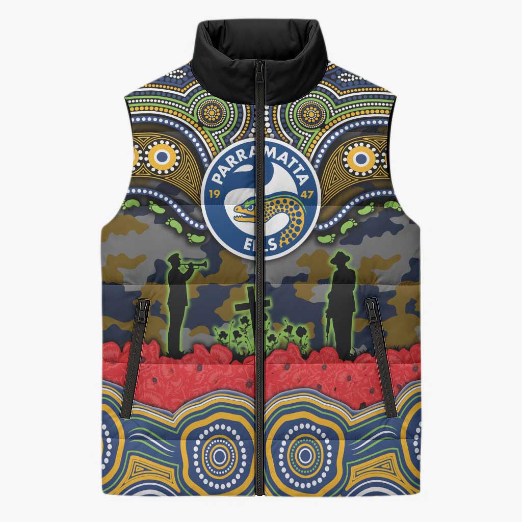 ANZAC Day Parramatta Eels Sleeveless Puffer Jacket Military Memorial Aboriginal Indigenous Art