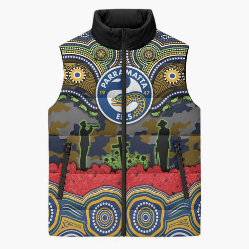 ANZAC Day Parramatta Eels Sleeveless Puffer Jacket Military Memorial Aboriginal Indigenous Art