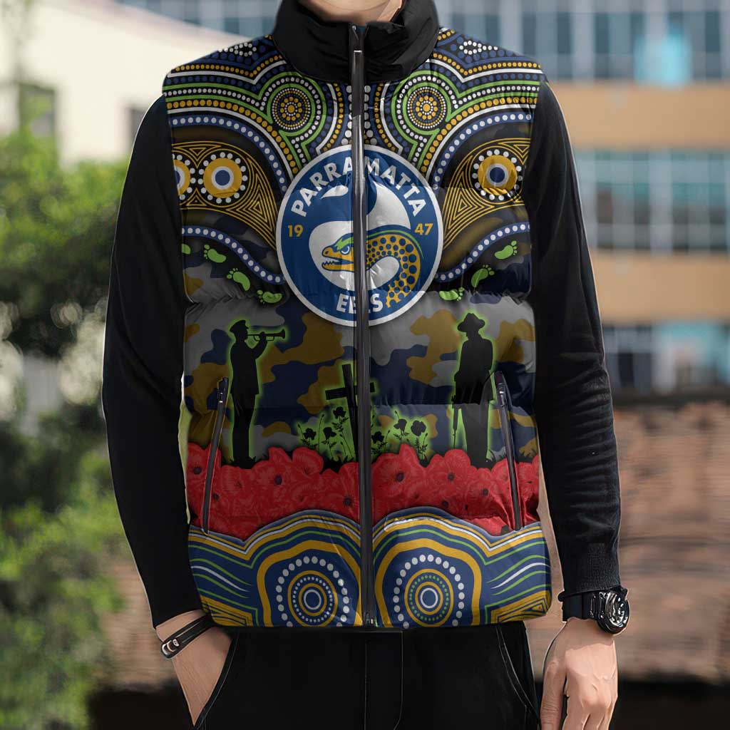 ANZAC Day Parramatta Eels Sleeveless Puffer Jacket Military Memorial Aboriginal Indigenous Art