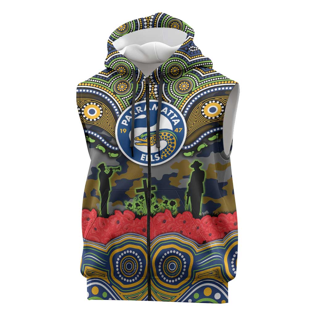 ANZAC Day Parramatta Eels Sleeveless Zip Hoodie Military Memorial Aboriginal Indigenous Art