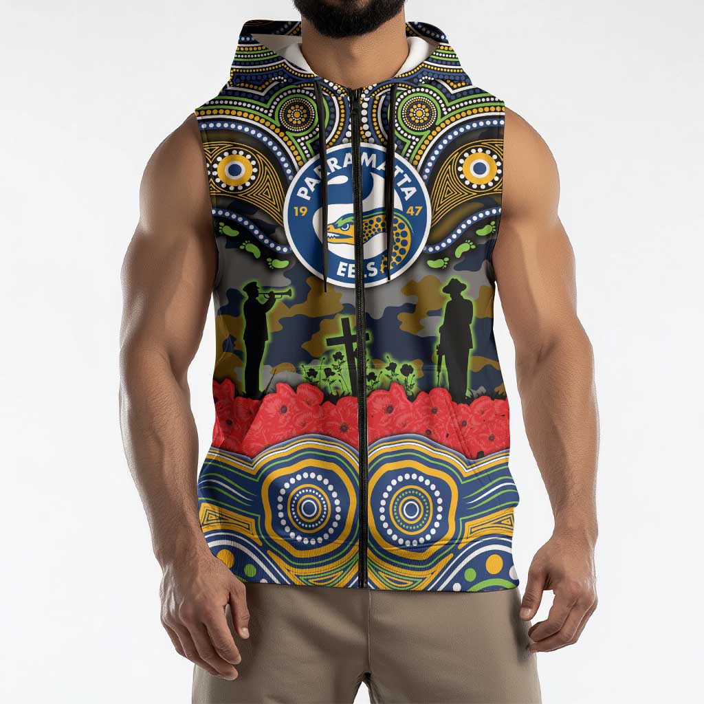 ANZAC Day Parramatta Eels Sleeveless Zip Hoodie Military Memorial Aboriginal Indigenous Art