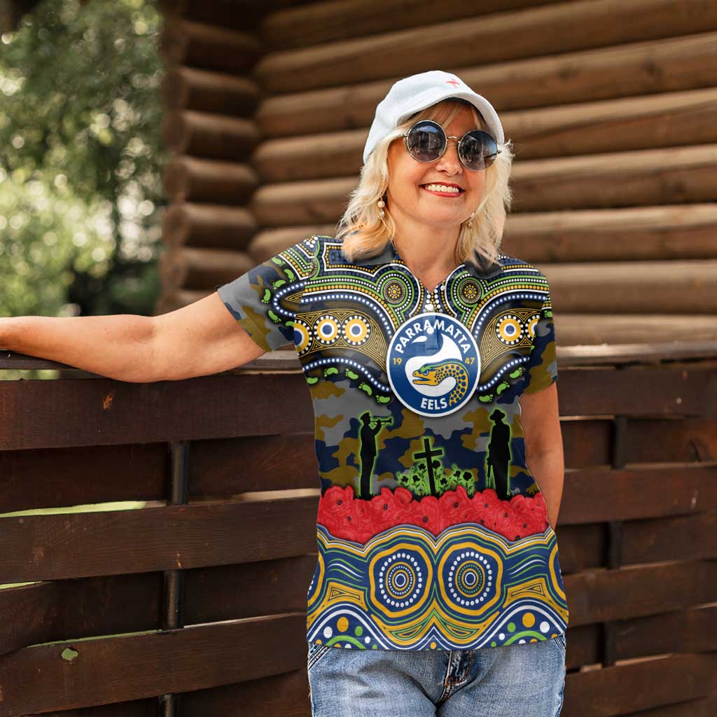 ANZAC Day Parramatta Eels Women Polo Shirt Military Memorial Aboriginal Indigenous Art
