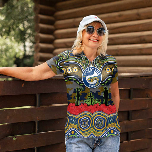 ANZAC Day Parramatta Eels Women Polo Shirt Military Memorial Aboriginal Indigenous Art