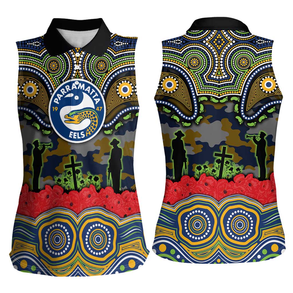 ANZAC Day Parramatta Eels Women Sleeveless Polo Shirt Military Memorial Aboriginal Indigenous Art