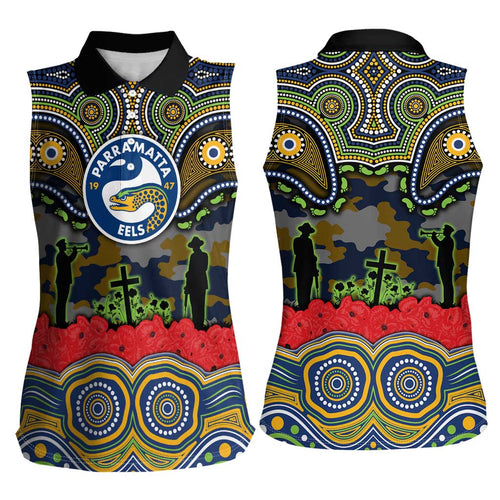 ANZAC Day Parramatta Eels Women Sleeveless Polo Shirt Military Memorial Aboriginal Indigenous Art