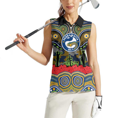 ANZAC Day Parramatta Eels Women Sleeveless Polo Shirt Military Memorial Aboriginal Indigenous Art