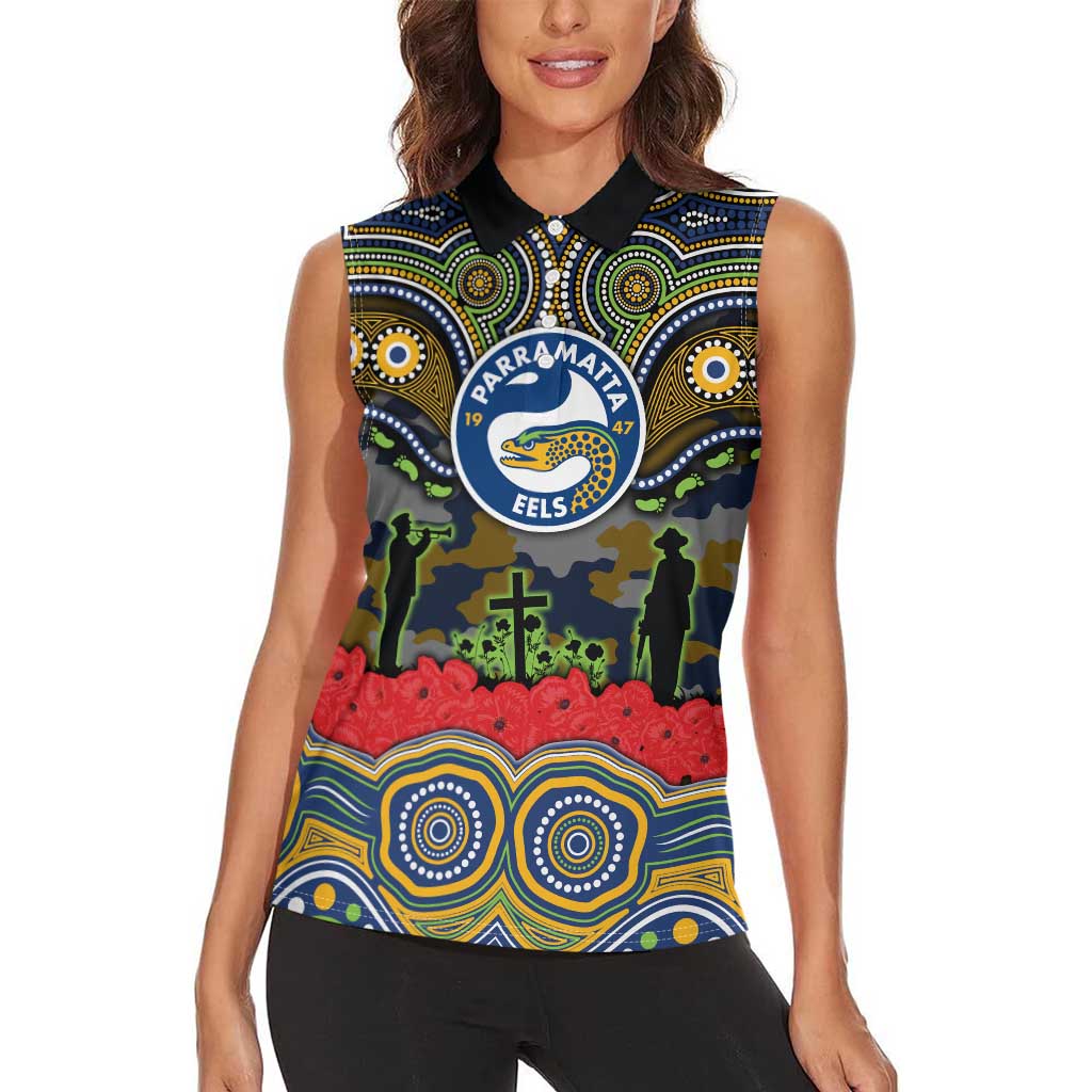 ANZAC Day Parramatta Eels Women Sleeveless Polo Shirt Military Memorial Aboriginal Indigenous Art