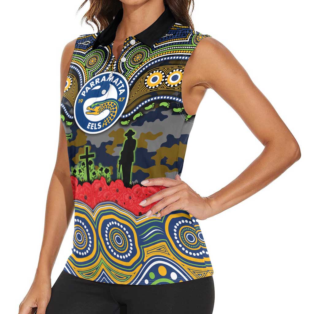 ANZAC Day Parramatta Eels Women Sleeveless Polo Shirt Military Memorial Aboriginal Indigenous Art