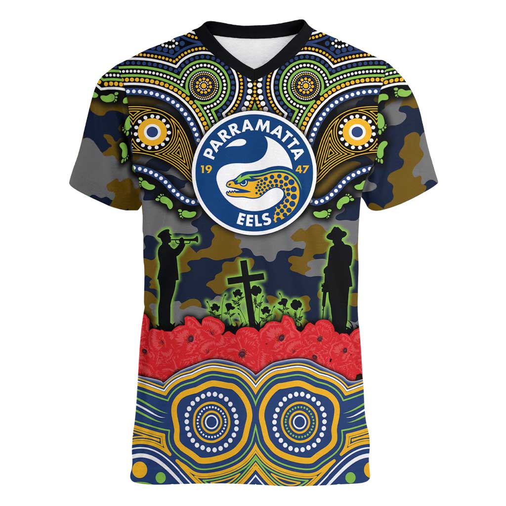 ANZAC Day Parramatta Eels Women V-Neck T-Shirt Military Memorial Aboriginal Indigenous Art