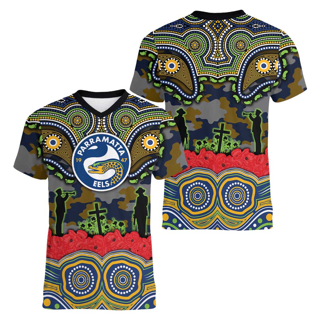 ANZAC Day Parramatta Eels Women V-Neck T-Shirt Military Memorial Aboriginal Indigenous Art