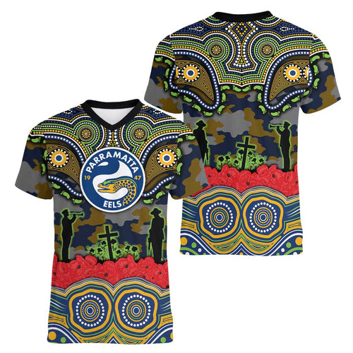 ANZAC Day Parramatta Eels Women V-Neck T-Shirt Military Memorial Aboriginal Indigenous Art