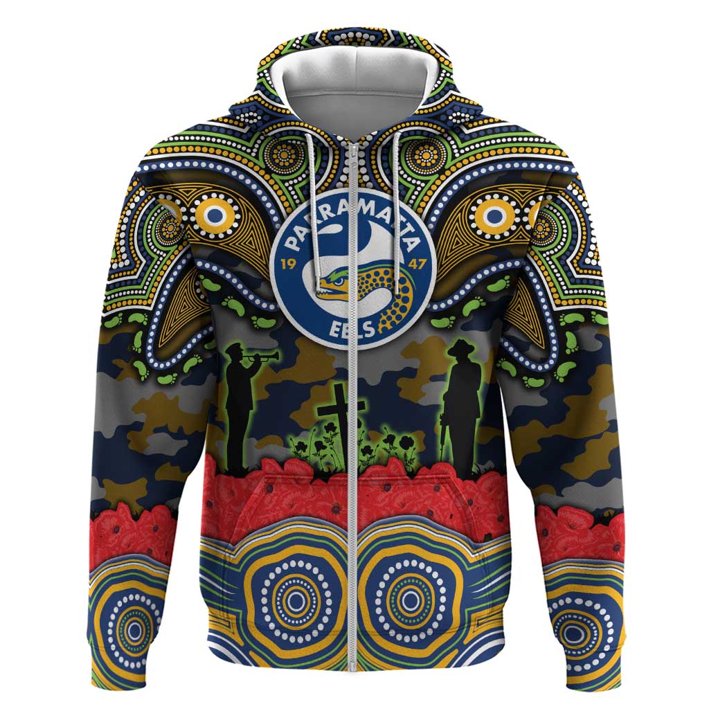 ANZAC Day Parramatta Eels Zip Hoodie Military Memorial Aboriginal Indigenous Art