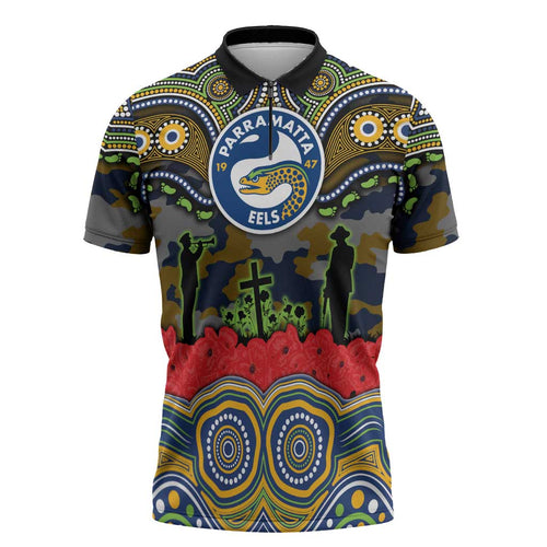 ANZAC Day Parramatta Eels Zipper Polo Shirt Military Memorial Aboriginal Indigenous Art