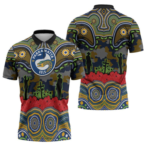 ANZAC Day Parramatta Eels Zipper Polo Shirt Military Memorial Aboriginal Indigenous Art