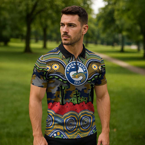 ANZAC Day Parramatta Eels Zipper Polo Shirt Military Memorial Aboriginal Indigenous Art