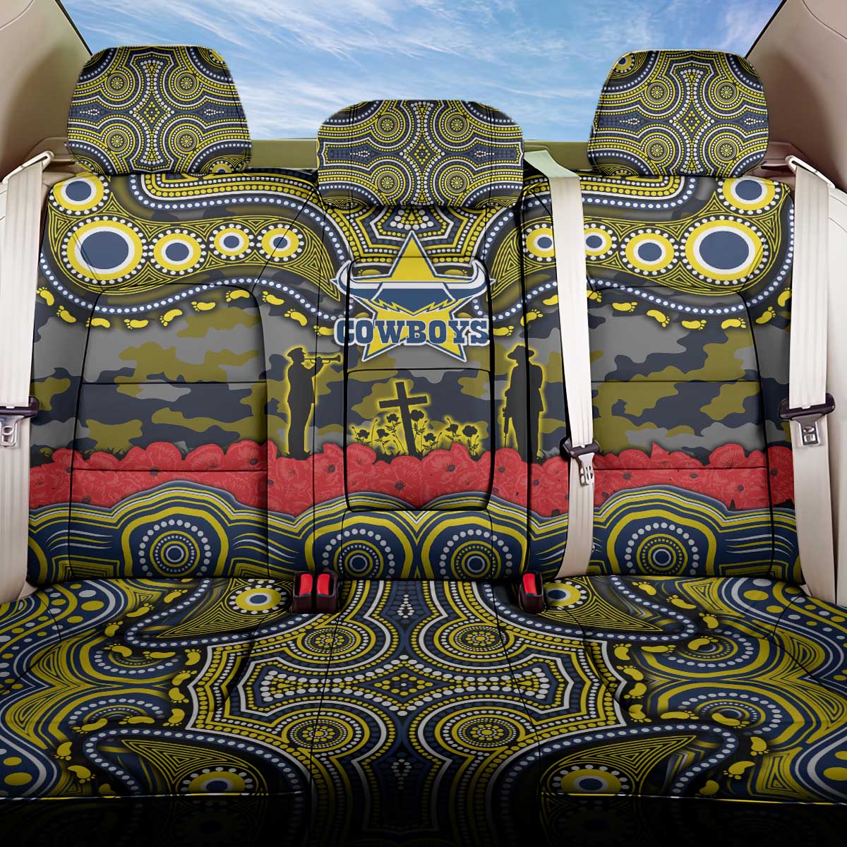 ANZAC Day North Queensland Cowboys Back Car Seat Cover Military Memorial Aboriginal Indigenous Art