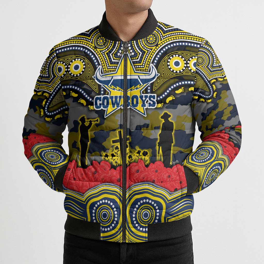 ANZAC Day North Queensland Cowboys Bomber Puffer Jacket Military Memorial Aboriginal Indigenous Art