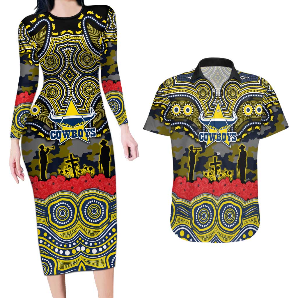 ANZAC Day North Queensland Cowboys Couples Matching Long Sleeve Bodycon Dress and Hawaiian Shirt Military Memorial Aboriginal Indigenous Art