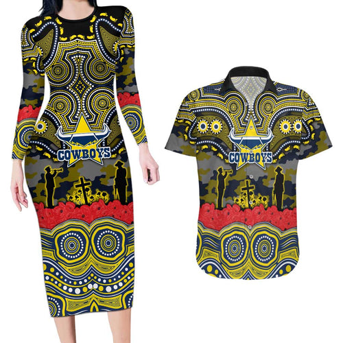ANZAC Day North Queensland Cowboys Couples Matching Long Sleeve Bodycon Dress and Hawaiian Shirt Military Memorial Aboriginal Indigenous Art