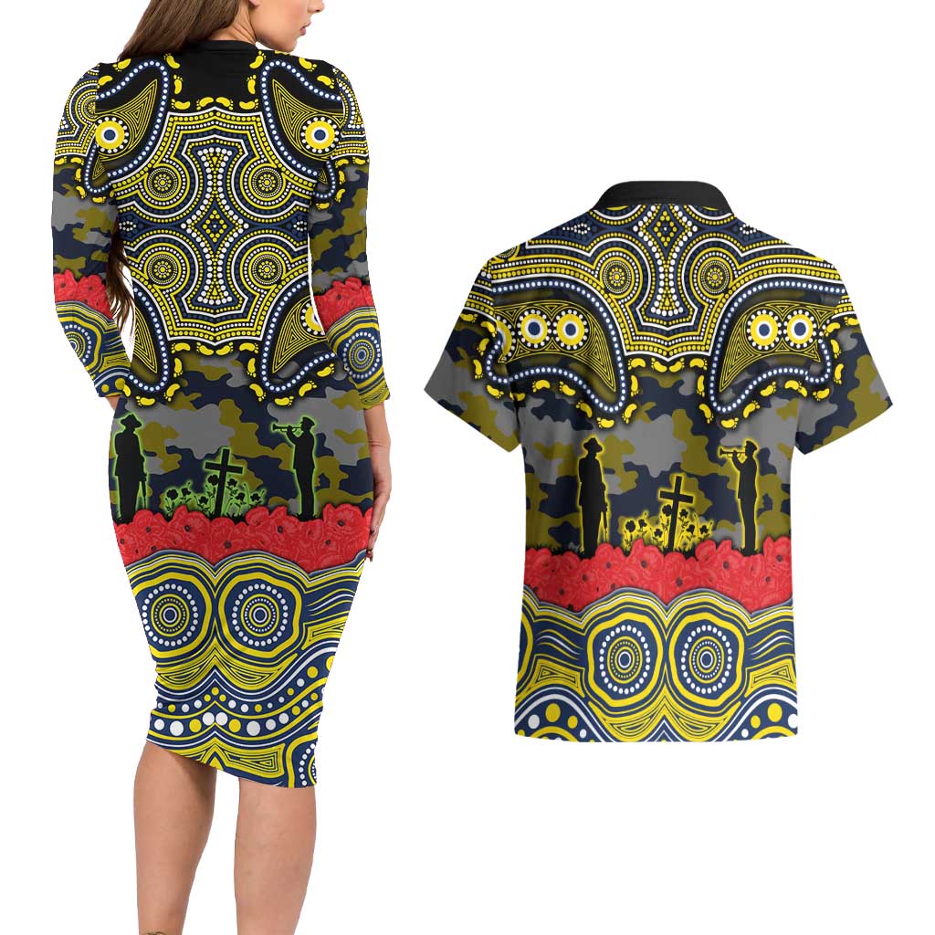 ANZAC Day North Queensland Cowboys Couples Matching Long Sleeve Bodycon Dress and Hawaiian Shirt Military Memorial Aboriginal Indigenous Art