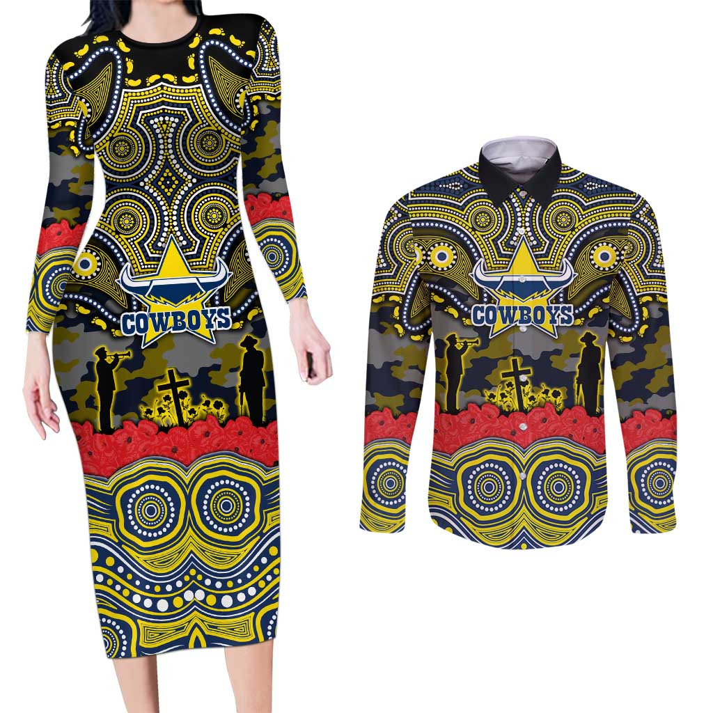 ANZAC Day North Queensland Cowboys Couples Matching Long Sleeve Bodycon Dress and Long Sleeve Button Shirt Military Memorial Aboriginal Indigenous Art