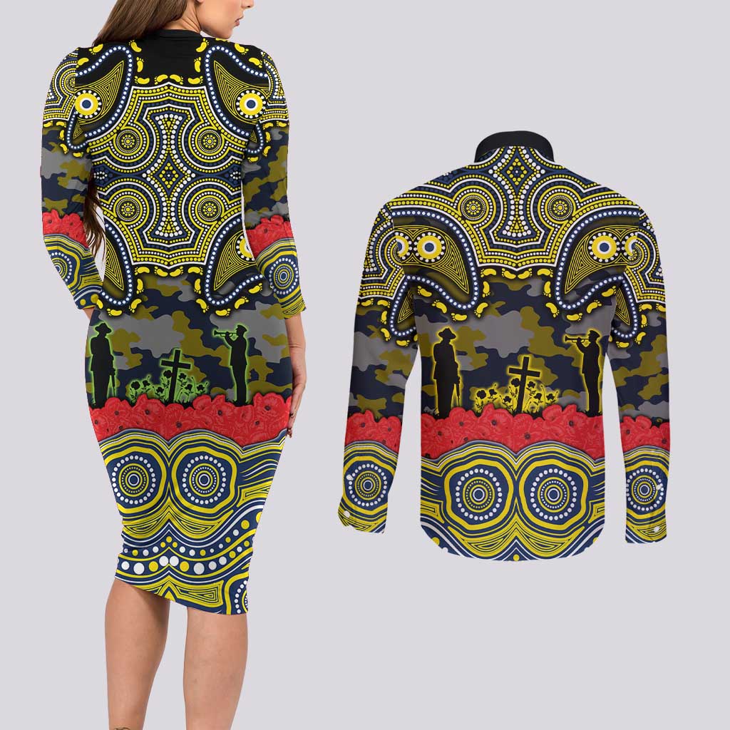 ANZAC Day North Queensland Cowboys Couples Matching Long Sleeve Bodycon Dress and Long Sleeve Button Shirt Military Memorial Aboriginal Indigenous Art