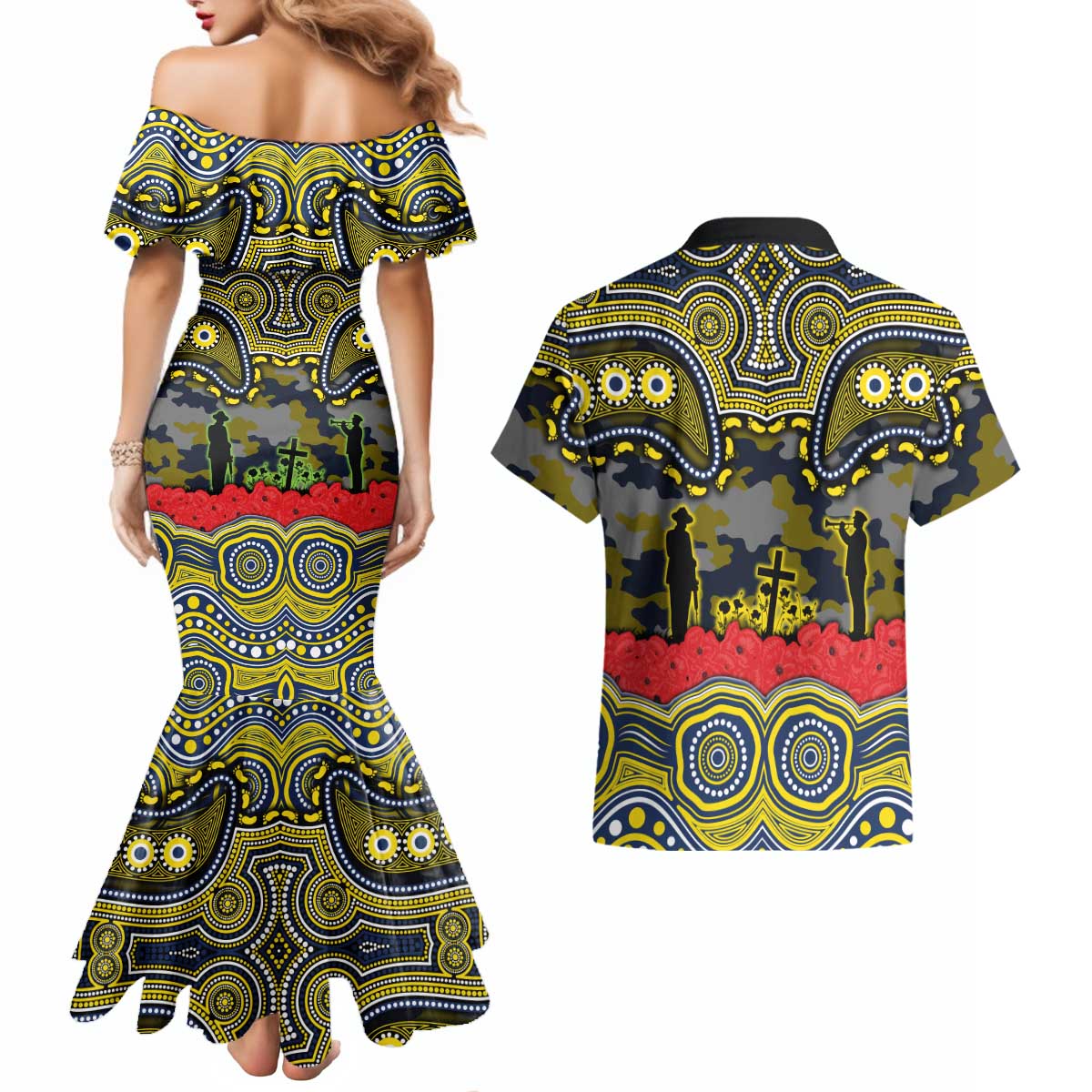 ANZAC Day North Queensland Cowboys Couples Matching Mermaid Dress and Hawaiian Shirt Military Memorial Aboriginal Indigenous Art