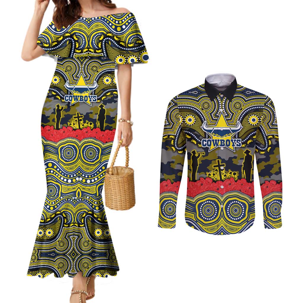 ANZAC Day North Queensland Cowboys Couples Matching Mermaid Dress and Long Sleeve Button Shirt Military Memorial Aboriginal Indigenous Art