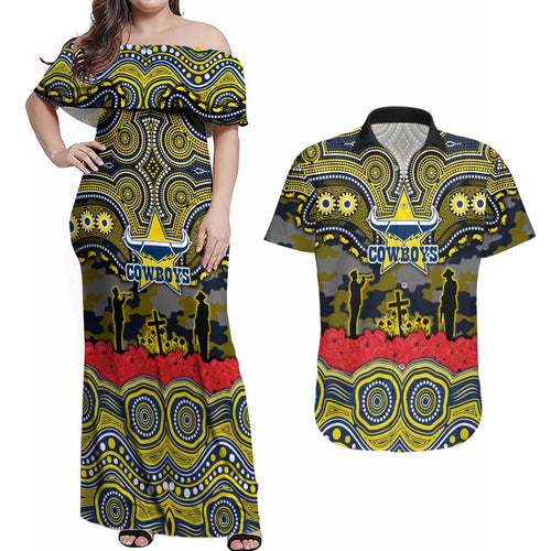 ANZAC Day North Queensland Cowboys Couples Matching Off Shoulder Maxi Dress and Hawaiian Shirt Military Memorial Aboriginal Indigenous Art