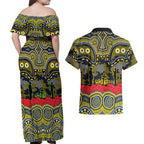 ANZAC Day North Queensland Cowboys Couples Matching Off Shoulder Maxi Dress and Hawaiian Shirt Military Memorial Aboriginal Indigenous Art