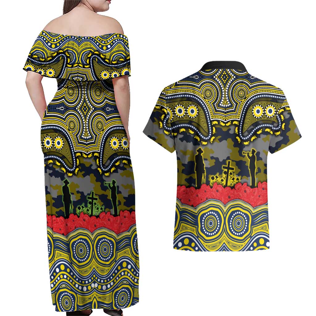 ANZAC Day North Queensland Cowboys Couples Matching Off Shoulder Maxi Dress and Hawaiian Shirt Military Memorial Aboriginal Indigenous Art