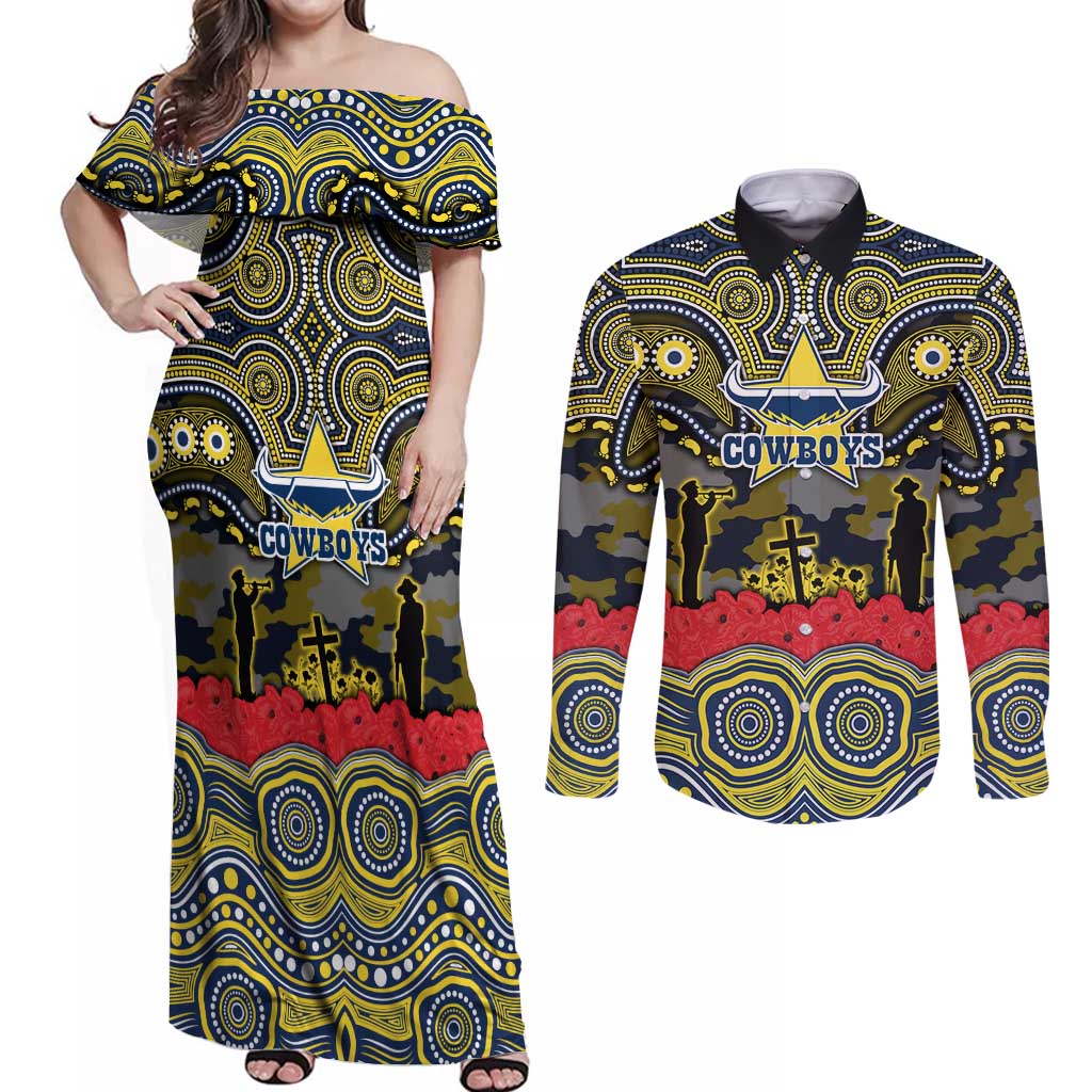 ANZAC Day North Queensland Cowboys Couples Matching Off Shoulder Maxi Dress and Long Sleeve Button Shirt Military Memorial Aboriginal Indigenous Art