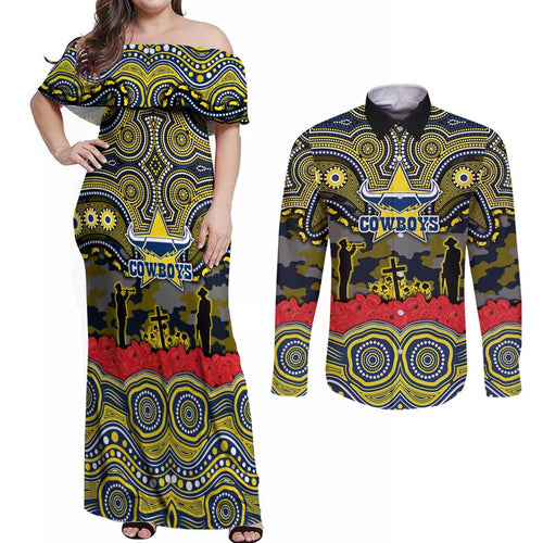 ANZAC Day North Queensland Cowboys Couples Matching Off Shoulder Maxi Dress and Long Sleeve Button Shirt Military Memorial Aboriginal Indigenous Art