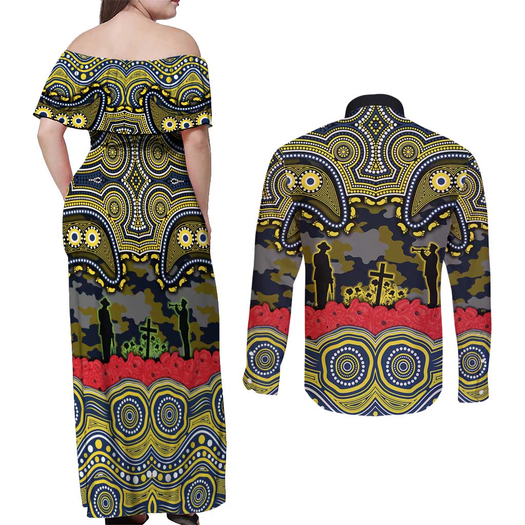 ANZAC Day North Queensland Cowboys Couples Matching Off Shoulder Maxi Dress and Long Sleeve Button Shirt Military Memorial Aboriginal Indigenous Art
