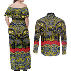 ANZAC Day North Queensland Cowboys Couples Matching Off Shoulder Maxi Dress and Long Sleeve Button Shirt Military Memorial Aboriginal Indigenous Art