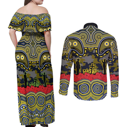 ANZAC Day North Queensland Cowboys Couples Matching Off Shoulder Maxi Dress and Long Sleeve Button Shirt Military Memorial Aboriginal Indigenous Art