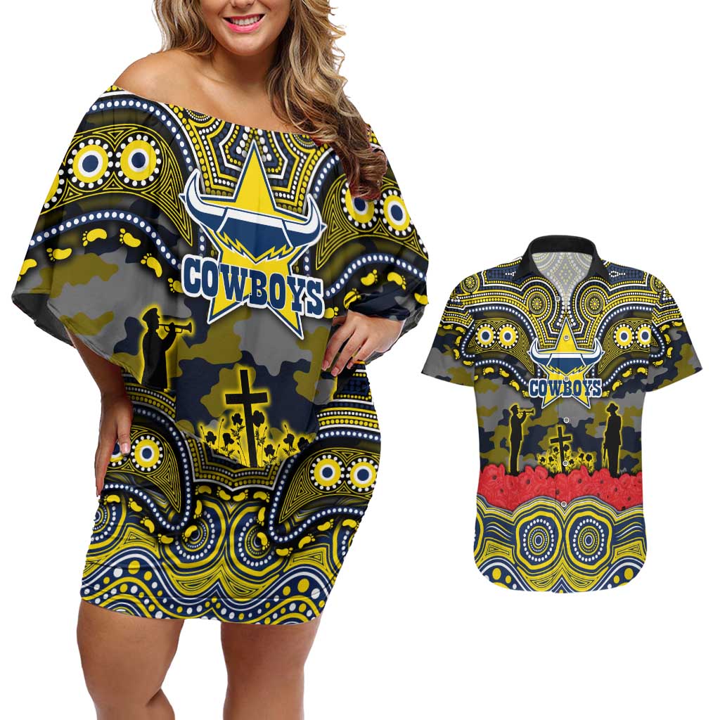 ANZAC Day North Queensland Cowboys Couples Matching Off Shoulder Short Dress and Hawaiian Shirt Military Memorial Aboriginal Indigenous Art