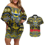 ANZAC Day North Queensland Cowboys Couples Matching Off Shoulder Short Dress and Hawaiian Shirt Military Memorial Aboriginal Indigenous Art