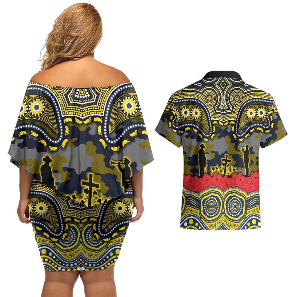 ANZAC Day North Queensland Cowboys Couples Matching Off Shoulder Short Dress and Hawaiian Shirt Military Memorial Aboriginal Indigenous Art