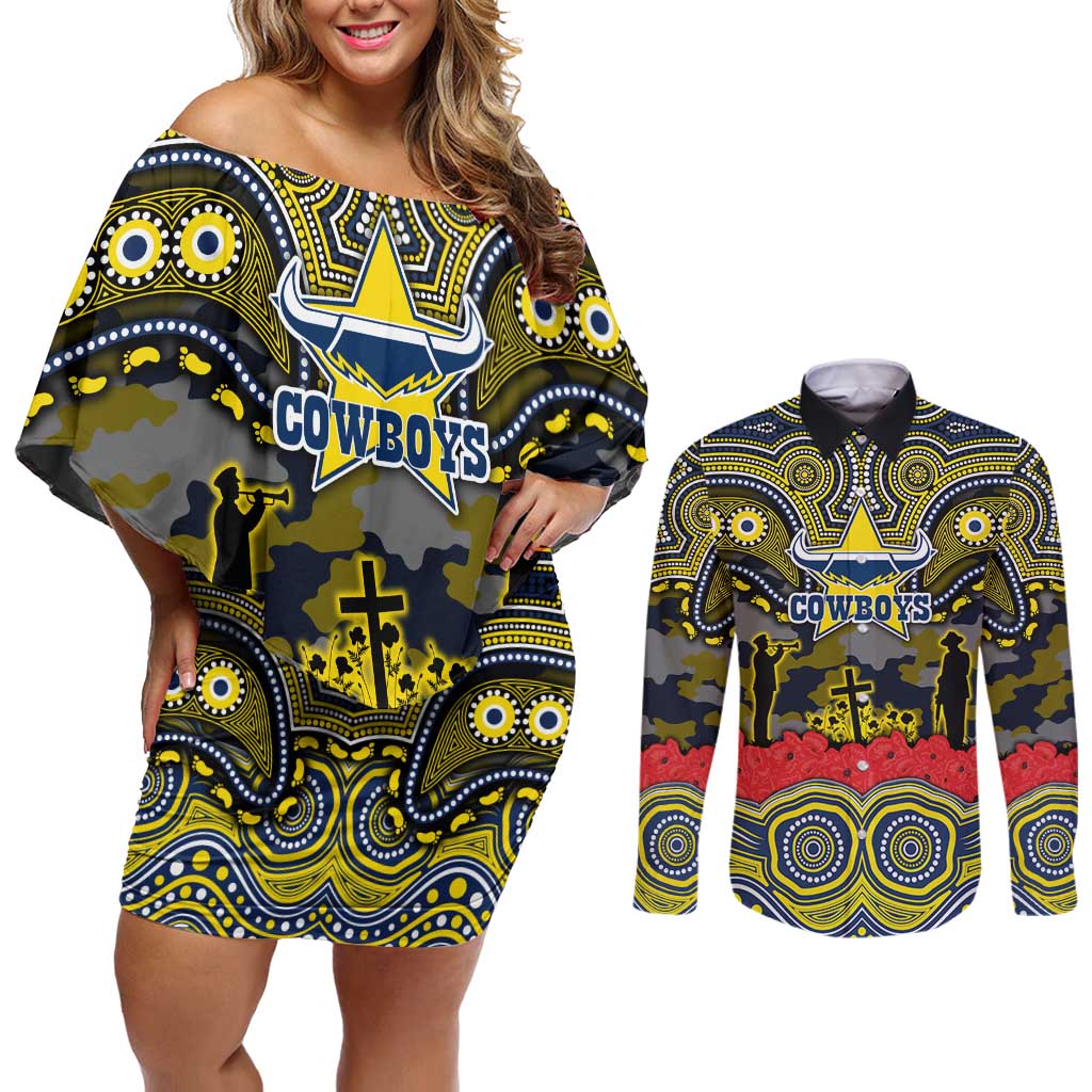 ANZAC Day North Queensland Cowboys Couples Matching Off Shoulder Short Dress and Long Sleeve Button Shirt Military Memorial Aboriginal Indigenous Art