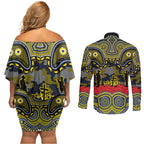 ANZAC Day North Queensland Cowboys Couples Matching Off Shoulder Short Dress and Long Sleeve Button Shirt Military Memorial Aboriginal Indigenous Art