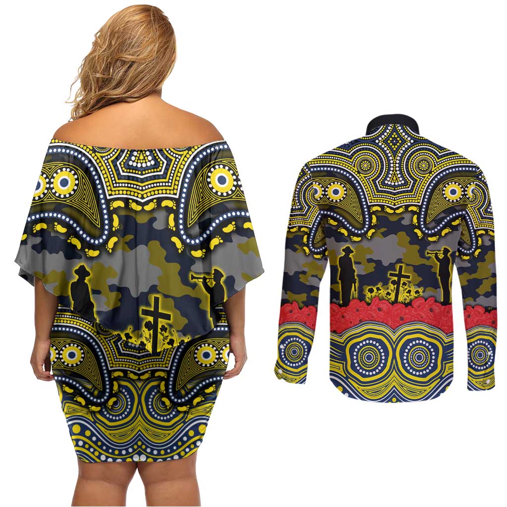 ANZAC Day North Queensland Cowboys Couples Matching Off Shoulder Short Dress and Long Sleeve Button Shirt Military Memorial Aboriginal Indigenous Art