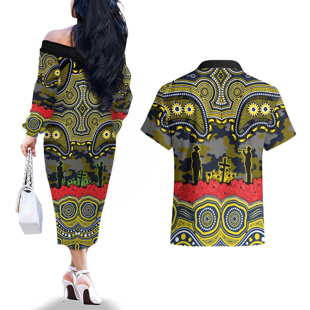 ANZAC Day North Queensland Cowboys Couples Matching Off The Shoulder Long Sleeve Dress and Hawaiian Shirt Military Memorial Aboriginal Indigenous Art
