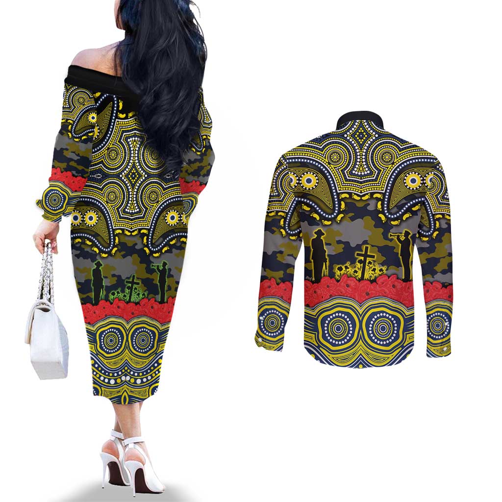 ANZAC Day North Queensland Cowboys Couples Matching Off The Shoulder Long Sleeve Dress and Long Sleeve Button Shirt Military Memorial Aboriginal Indigenous Art