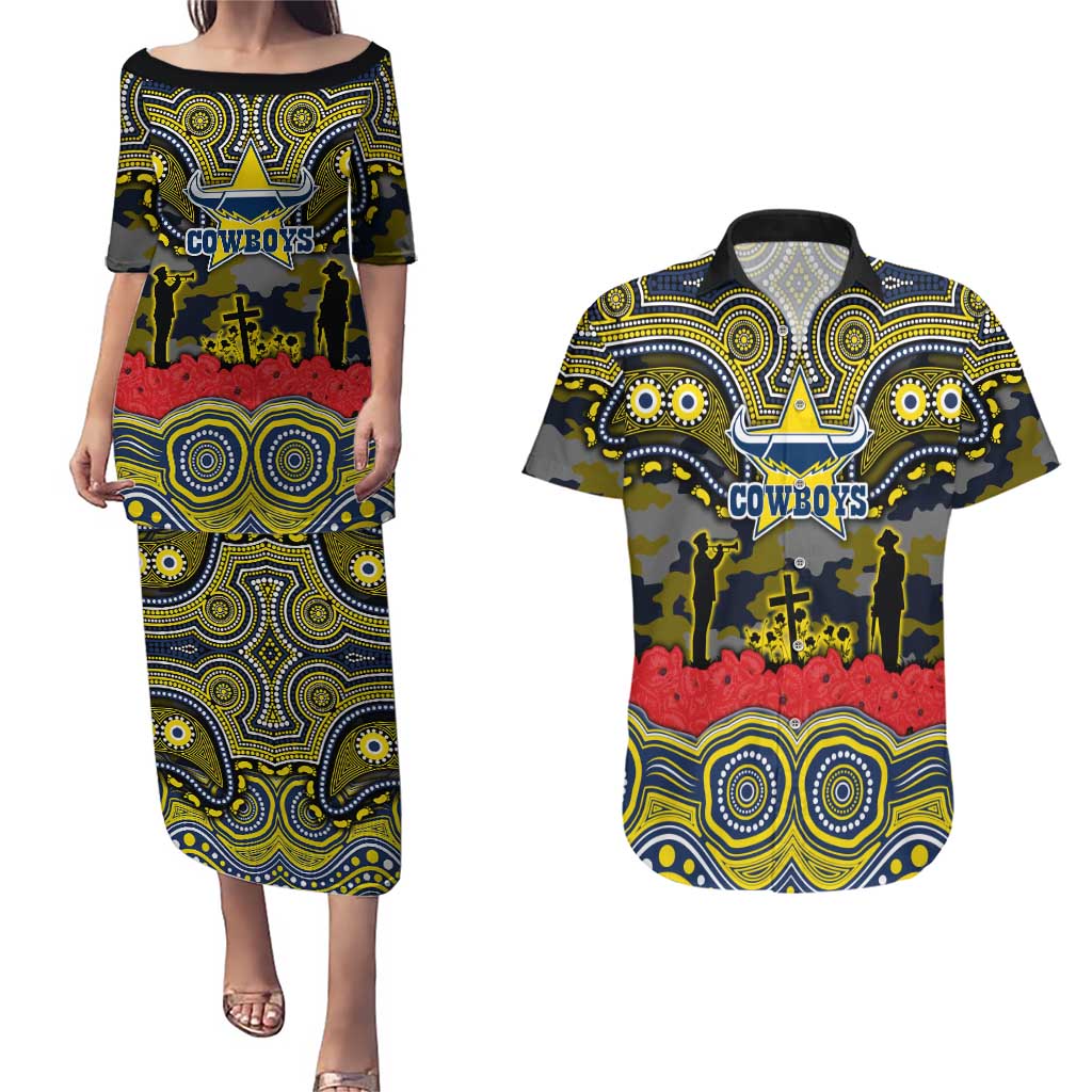 ANZAC Day North Queensland Cowboys Couples Matching Puletasi and Hawaiian Shirt Military Memorial Aboriginal Indigenous Art